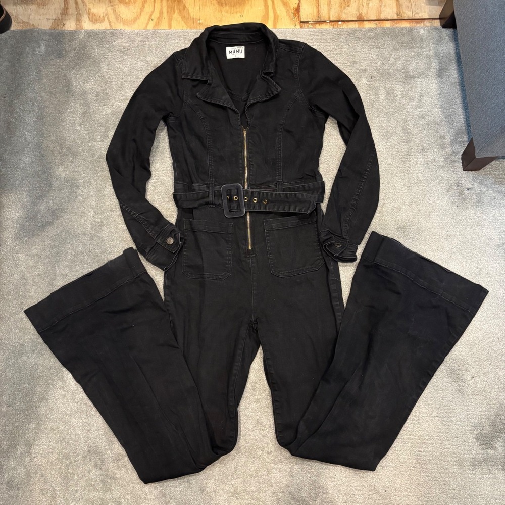 Show Me Your Mumu Augusta Flare Jumpsuit Black Denim Belted Large